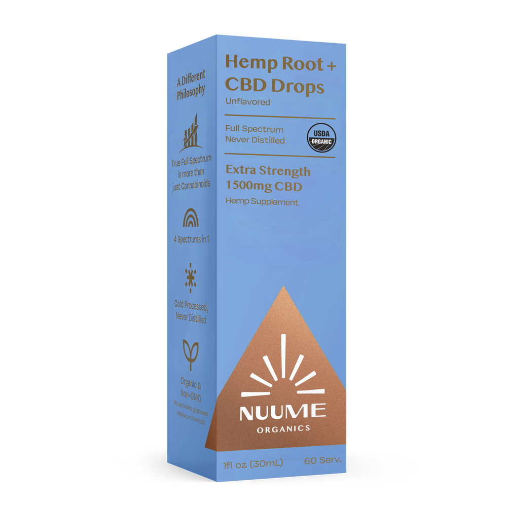 Box of Nuume Organics Hemp Root + CBD Drops on a white background