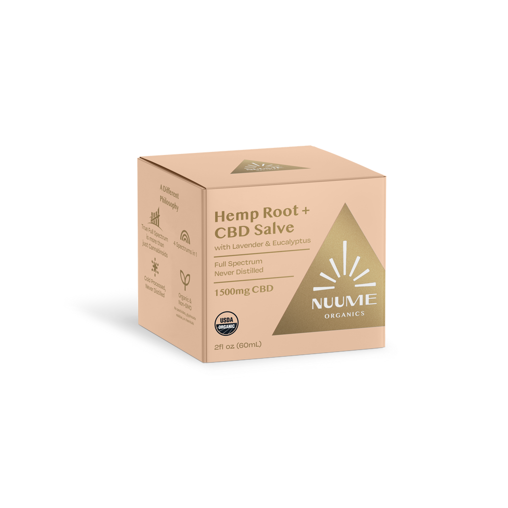 Box of Nume Organics Hemp Root + CBD Salve on a white background